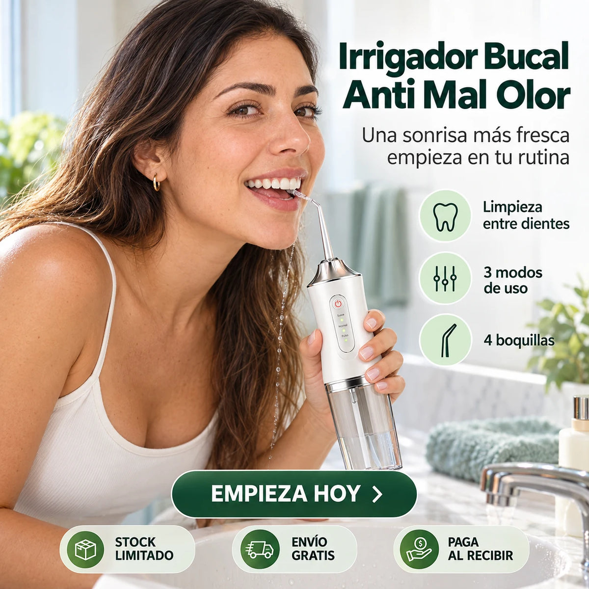 Mujer usando irrigador bucal en baño