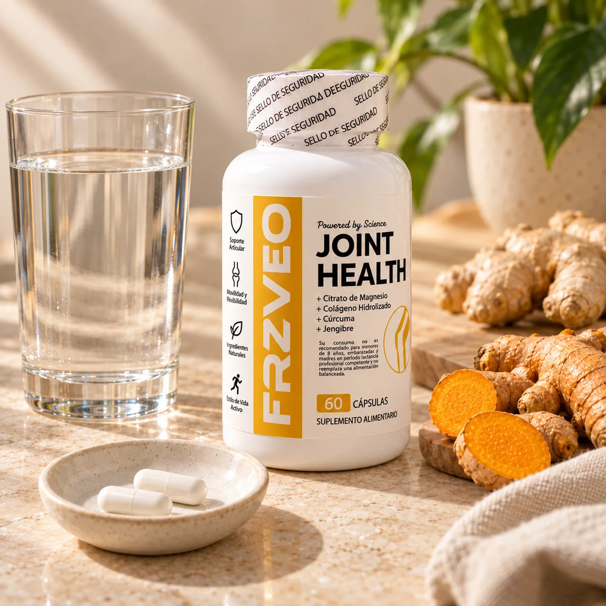 Joint Health con dos cápsulas y agua para organizar su uso diario
