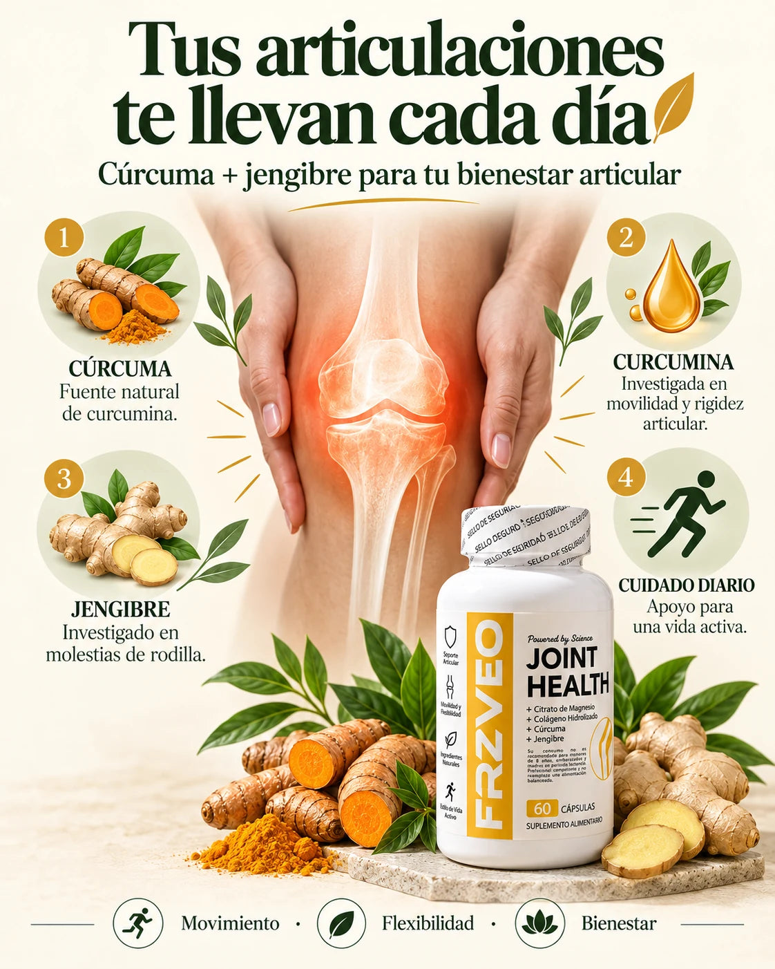Articulación de la rodilla, cúrcuma, curcumina y jengibre con Joint Health