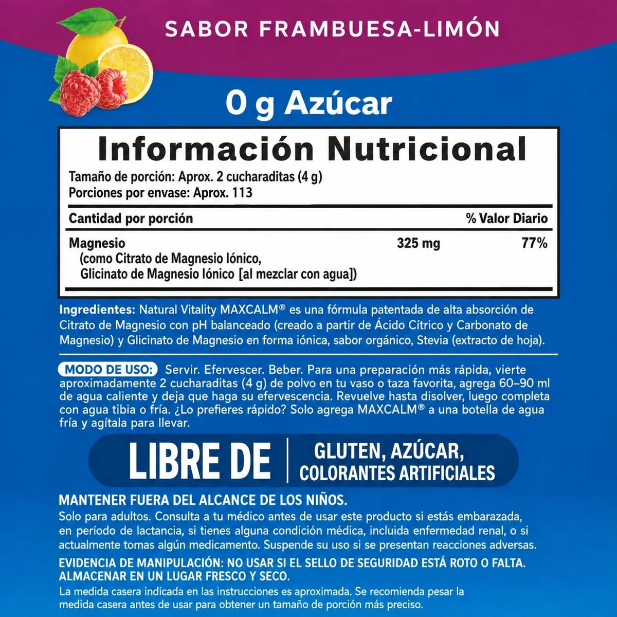 Información nutricional de MAXCALM, porción de 4 g y aproximadamente 113 porciones por envase