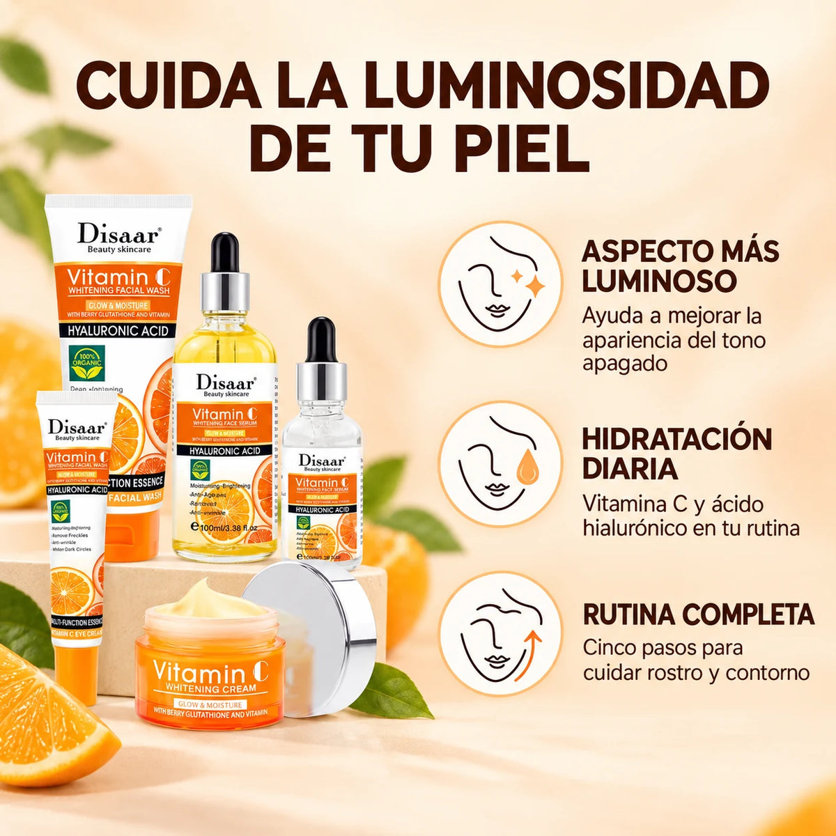 Beneficios del set Disaar en español y tonos pastel