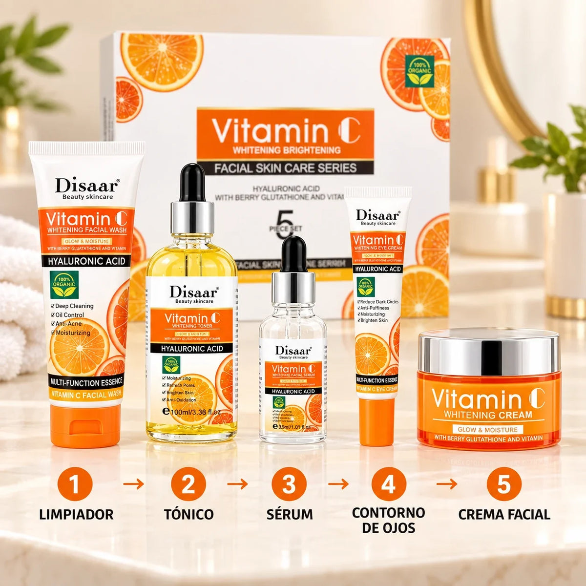 Orden de uso del limpiador, tónico, sérum, contorno y crema Disaar